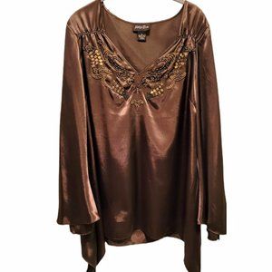 Patti Labelle  Blouse Brown - Beads - Embellished - Butterfly Sleeves size 16